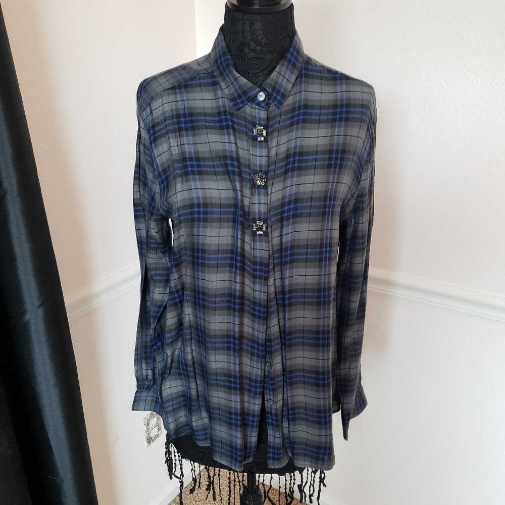 Loft Grey and Blue Plaid Button Up Shirt